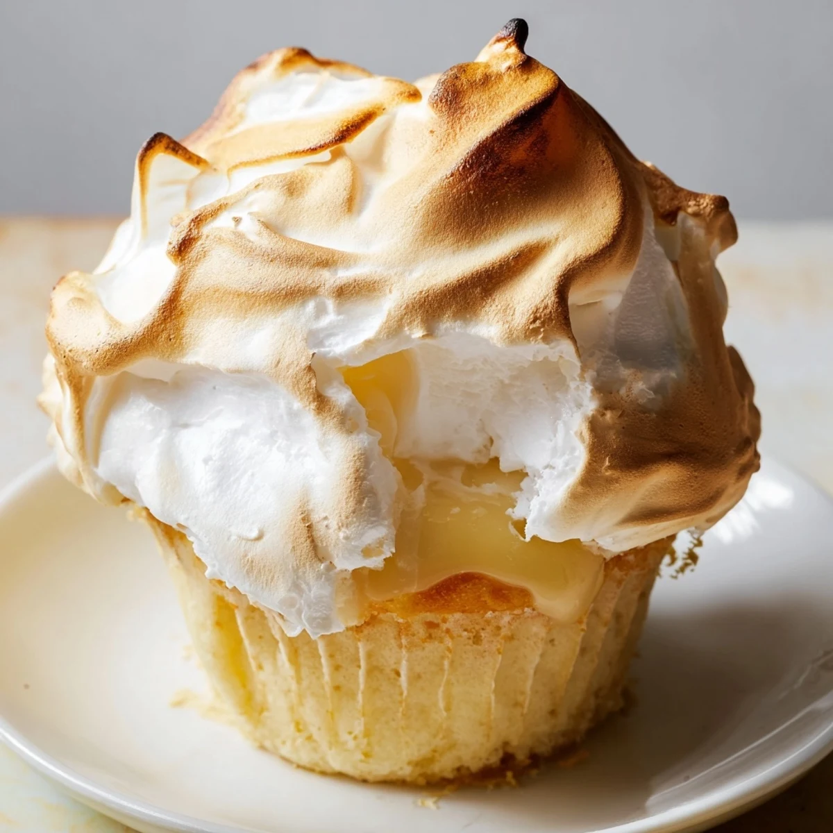 Golden-brown toasted meringue swirled high over vibrant yellow lemon cupcakes, with a dollop of tangy lemon curd peeking out from the filled center.
