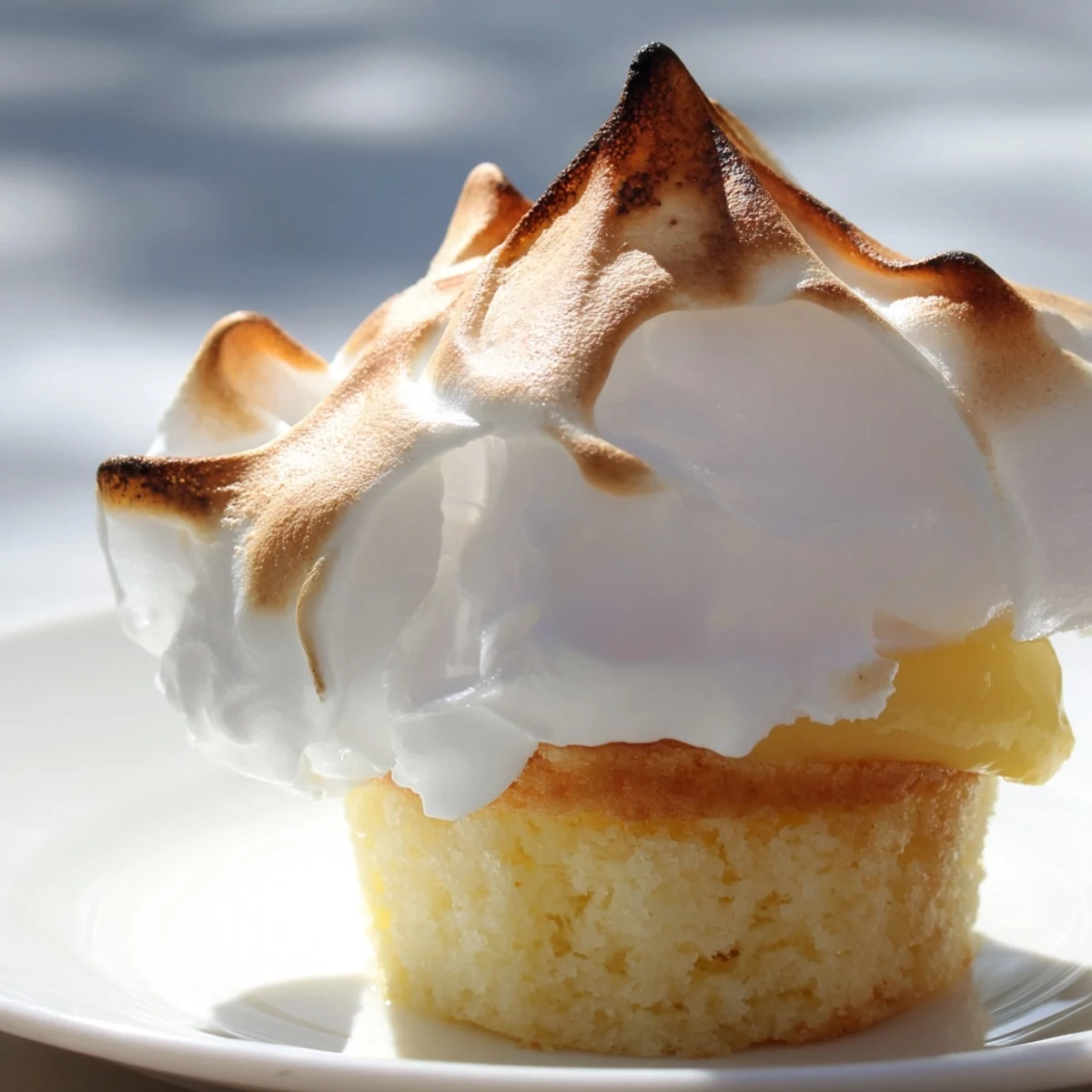 Serving Lemon Meringue Cupcakes on a rustic plate with fresh lemon slices and mint garnish, capturing the classic pie-inspired dessert in cupcake form.