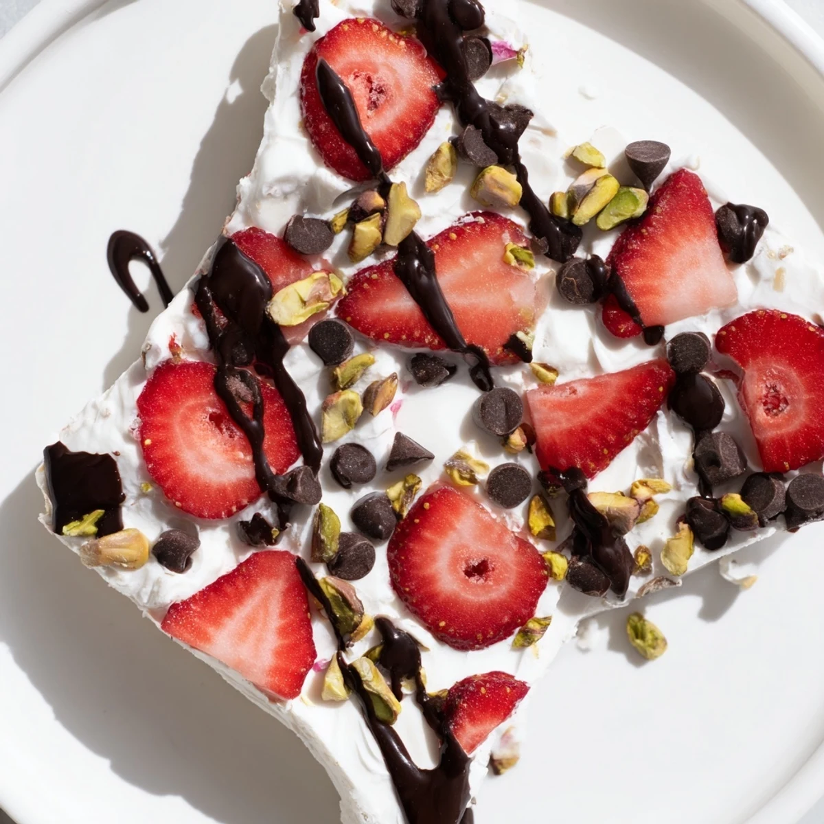 A close-up of Chocolate Covered Strawberry Yogurt Bark with creamy Greek yogurt, fresh strawberry slices, and a glossy dark chocolate drizzle.