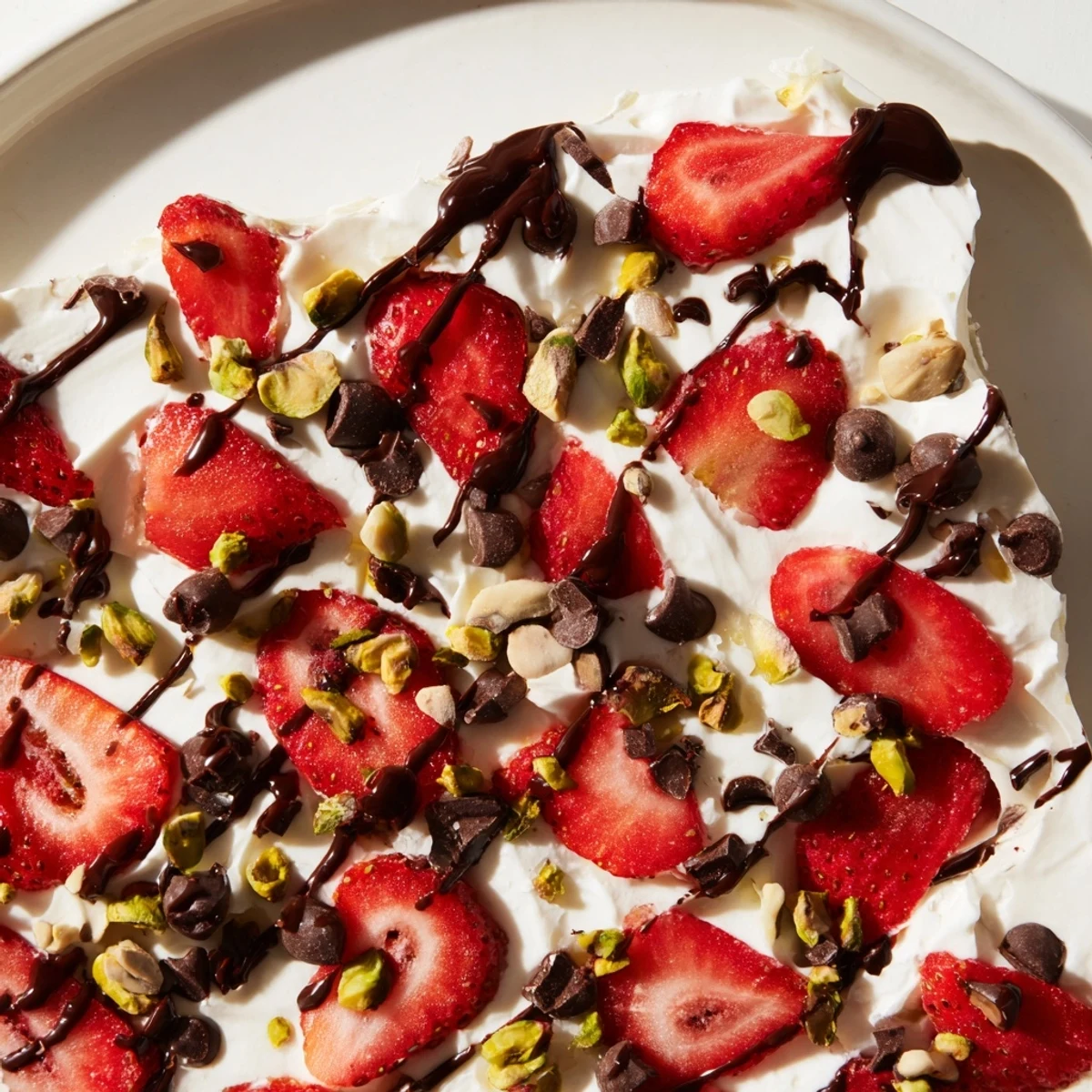 This frozen treat shows pistachios sprinkled over Chocolate Covered Strawberry Yogurt Bark served on a chilled plate, ideal for a light dessert.