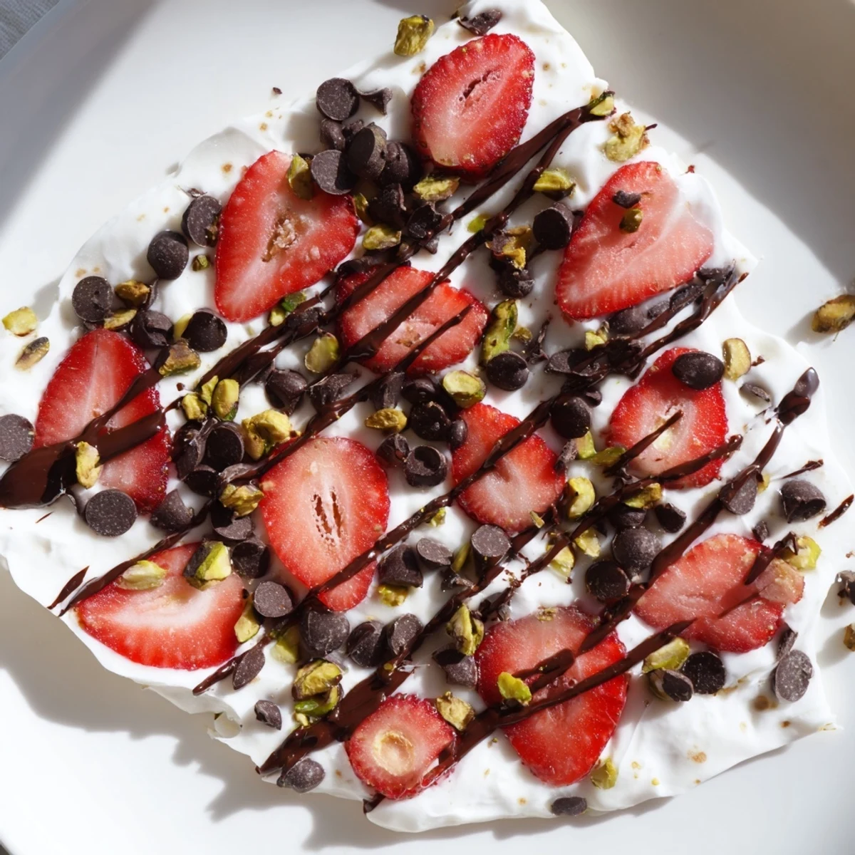 Broken shards of Chocolate Covered Strawberry Yogurt Bark reveal layered yogurt and berries with melted chocolate, perfect for a refreshing snack.