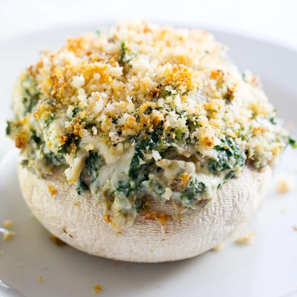 Freshly baked Cheesy Spinach and Artichoke Stuffed Mushrooms are arranged on a rustic wooden board, showcasing their golden breadcrumbs and green spinach bits.
