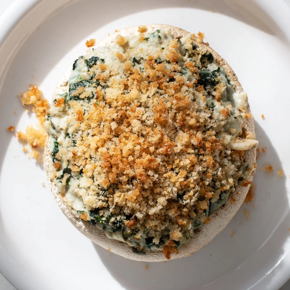 Golden-brown Cheesy Spinach and Artichoke Stuffed Mushrooms rest on a platter, their creamy filling bubbling and dotted with fresh herbs.