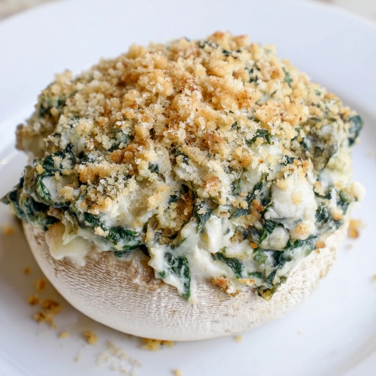 A close-up of Cheesy Spinach and Artichoke Stuffed Mushrooms reveals melted mozzarella strings and a savory artichoke filling inside tender mushroom caps.