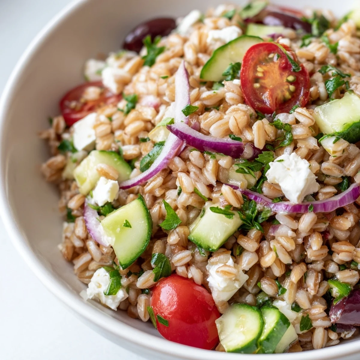 A vibrant Mediterranean Farro Salad tossed with juicy tomatoes, briny olives, and crumbled feta for a fresh side.