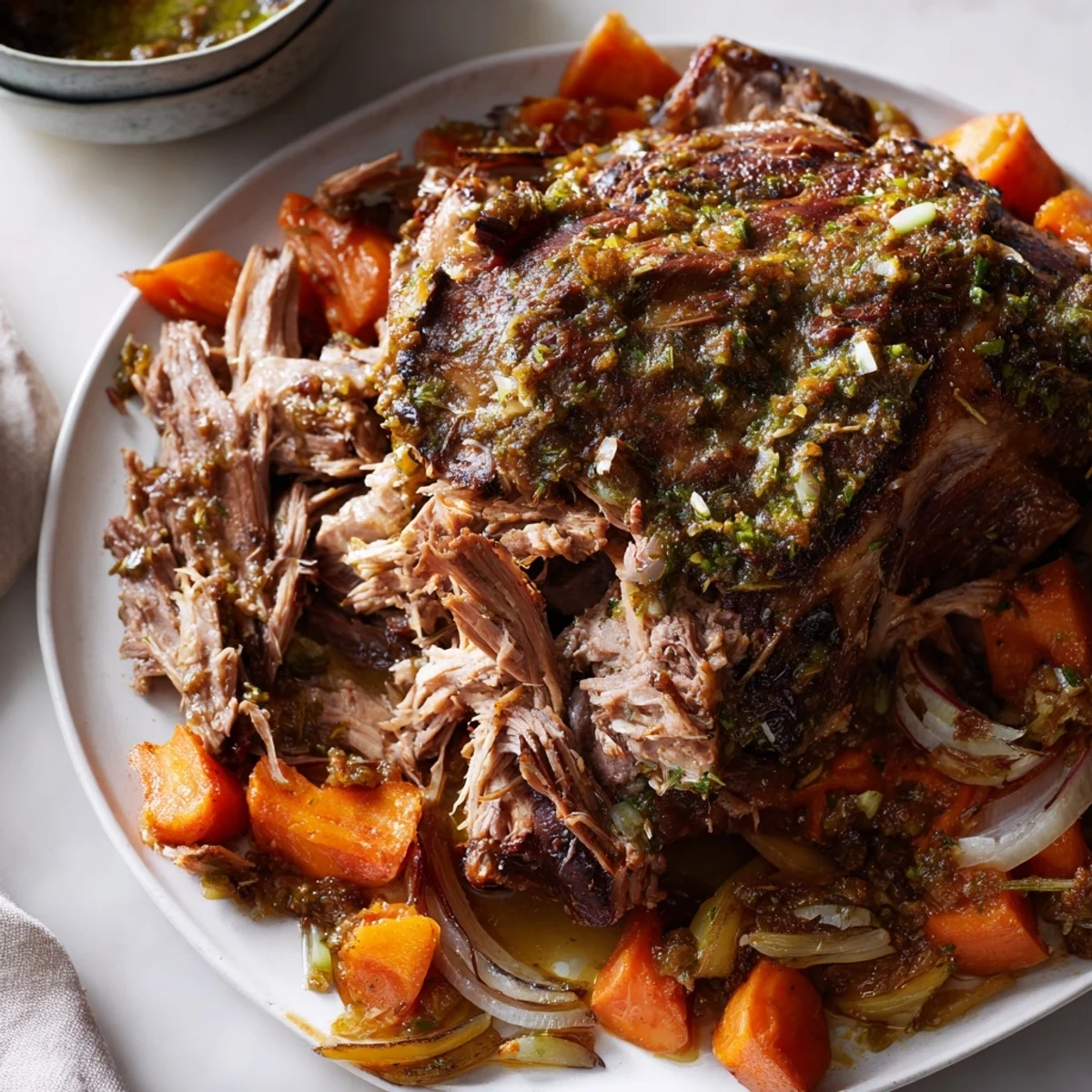 The Slow Cooked Lamb Shoulder with Garlic and Herbs is plated with roasted vegetables and drizzled with rich pan juices for a hearty family dinner.