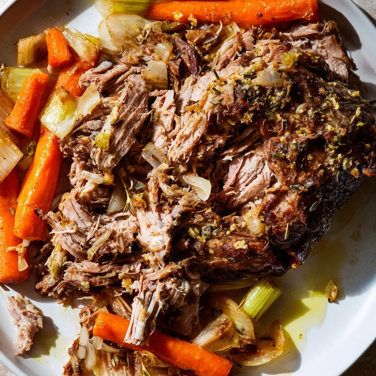 Golden-brown Slow Cooked Lamb Shoulder with Garlic and Herbs rests on a wooden board, garnished with fresh rosemary and thyme beside sliced crusty bread.