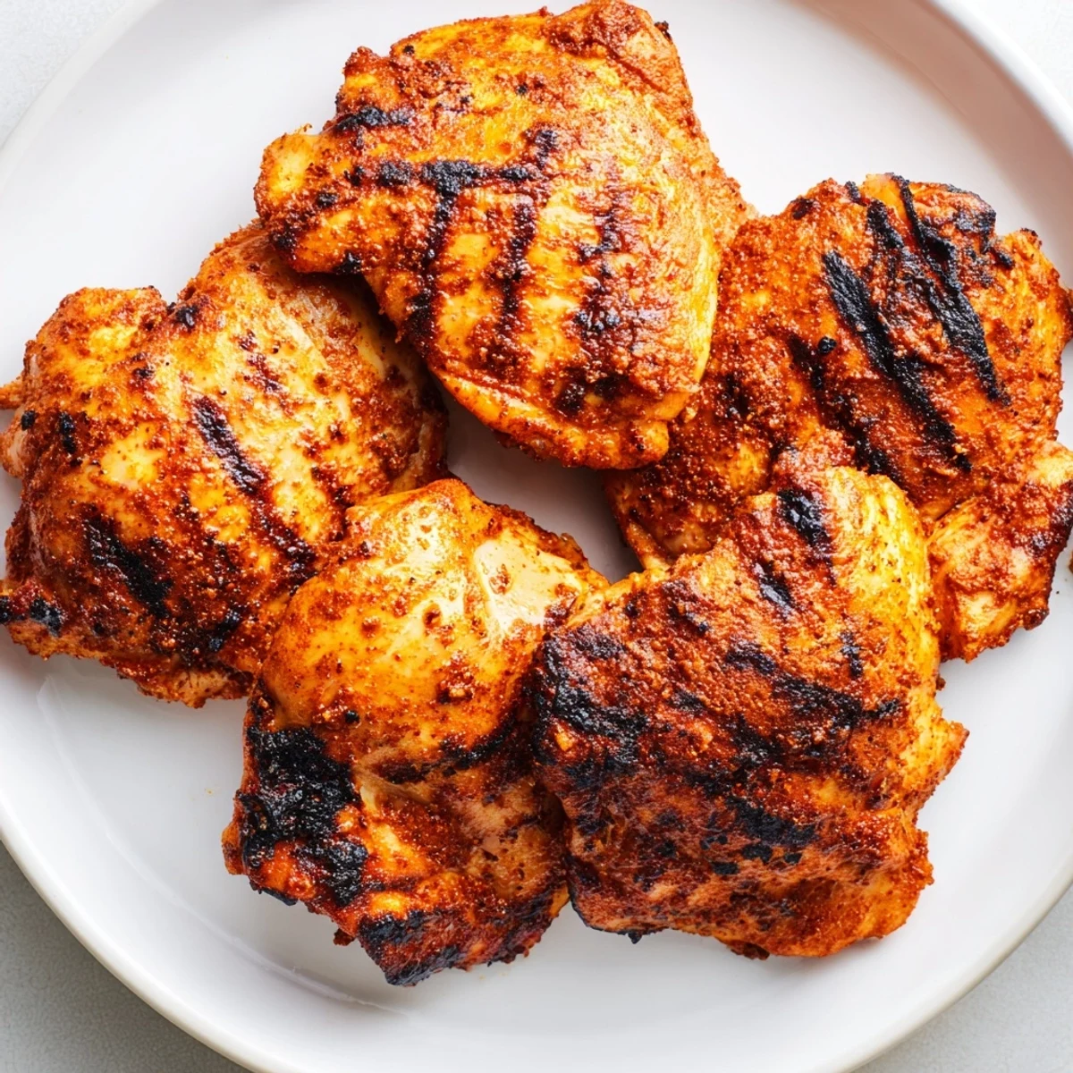 Juicy Cajun Spiced Grilled Chicken Thighs rest on a plate next to lemon wedges and a side salad.
