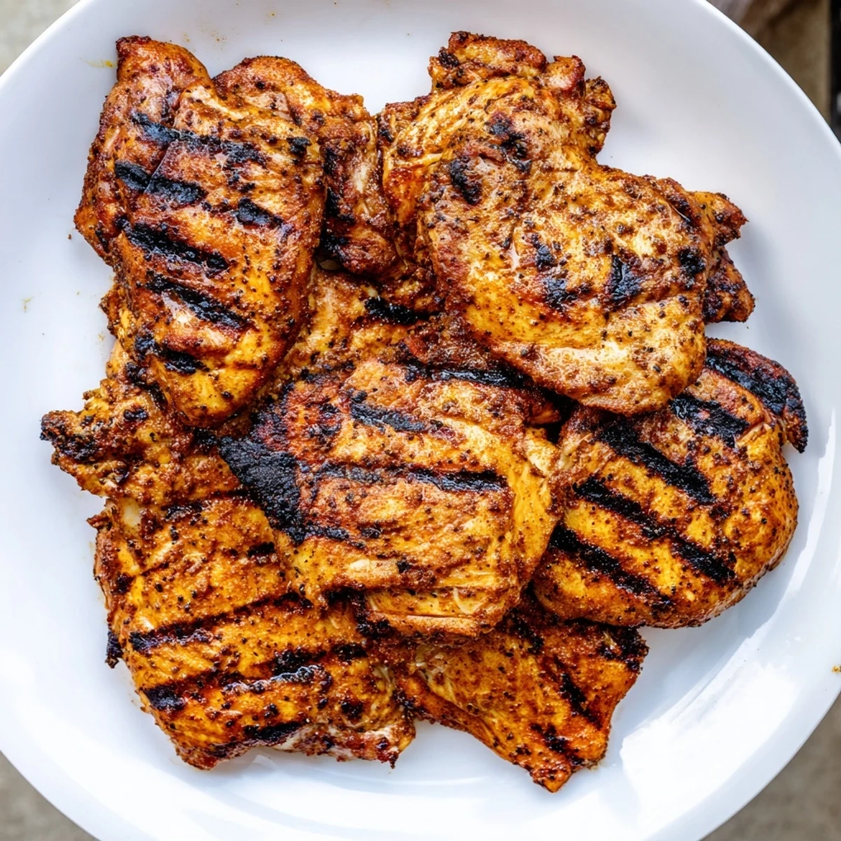 Sizzling Cajun Spiced Grilled Chicken Thighs on the grill with char marks and rising aromatic smoke.
