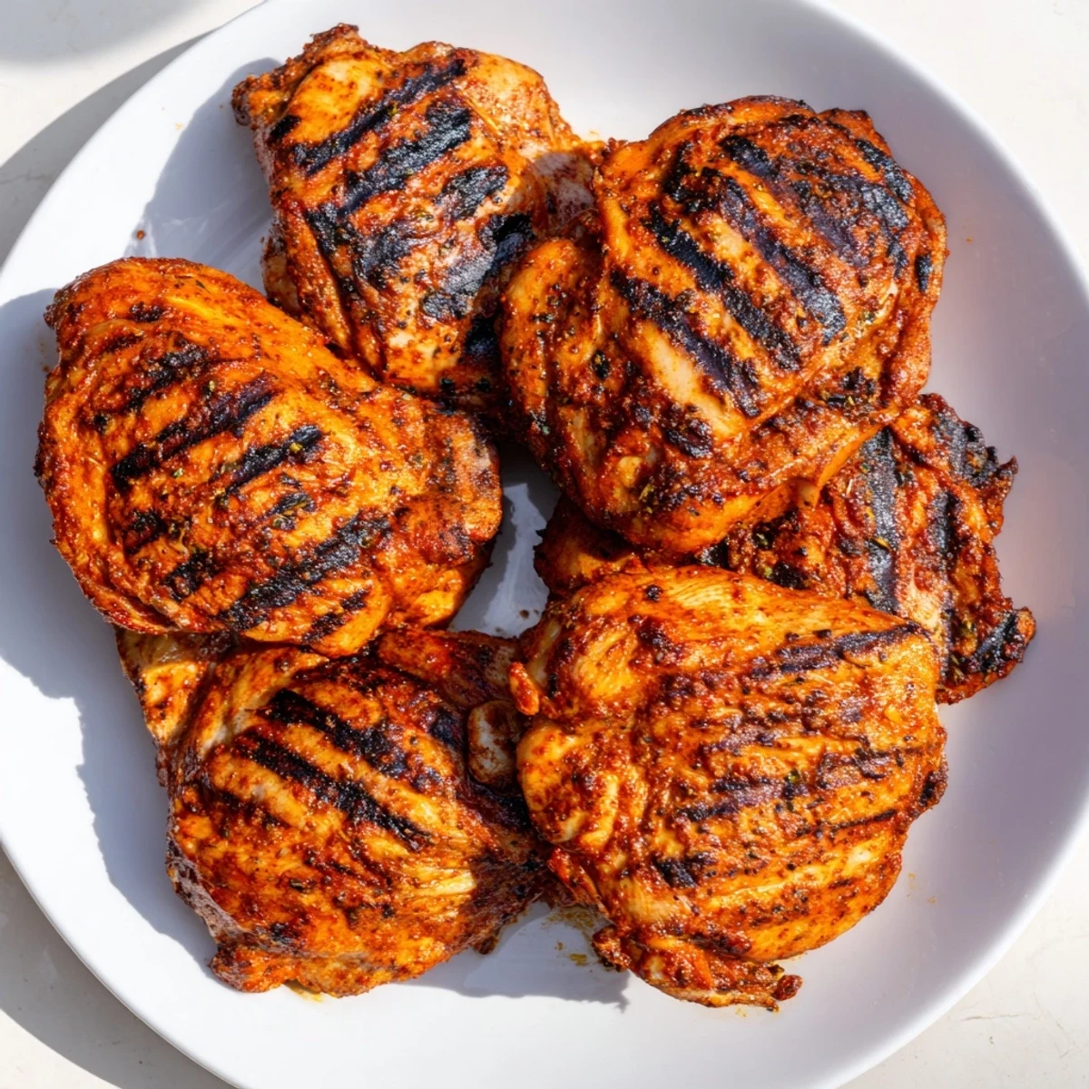Tender Cajun Spiced Grilled Chicken Thighs served over white rice with colorful grilled vegetables on the side.