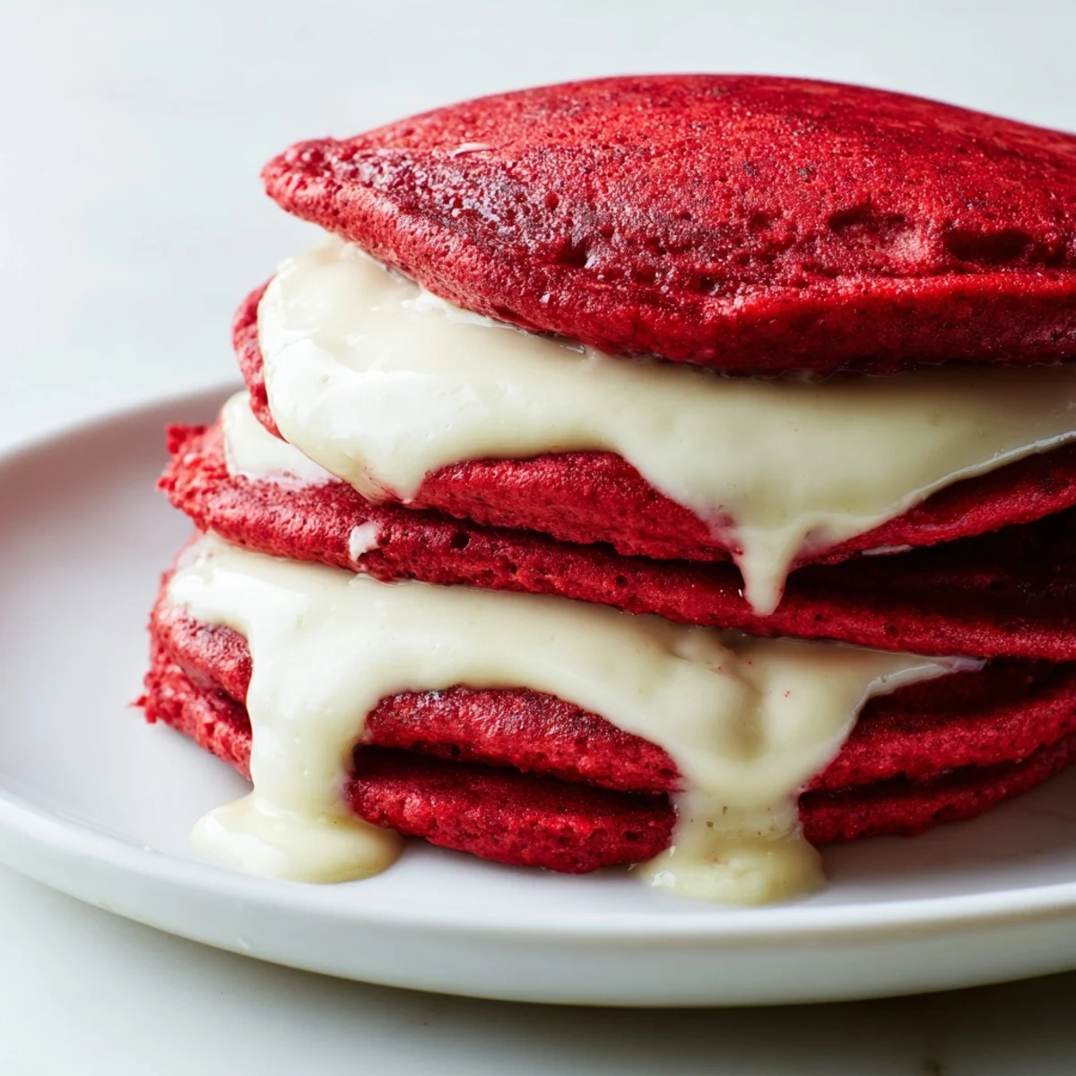 Stacks of fluffy, vibrant red pancakes topped with luscious cream cheese glaze, perfect for a sweet breakfast.  
