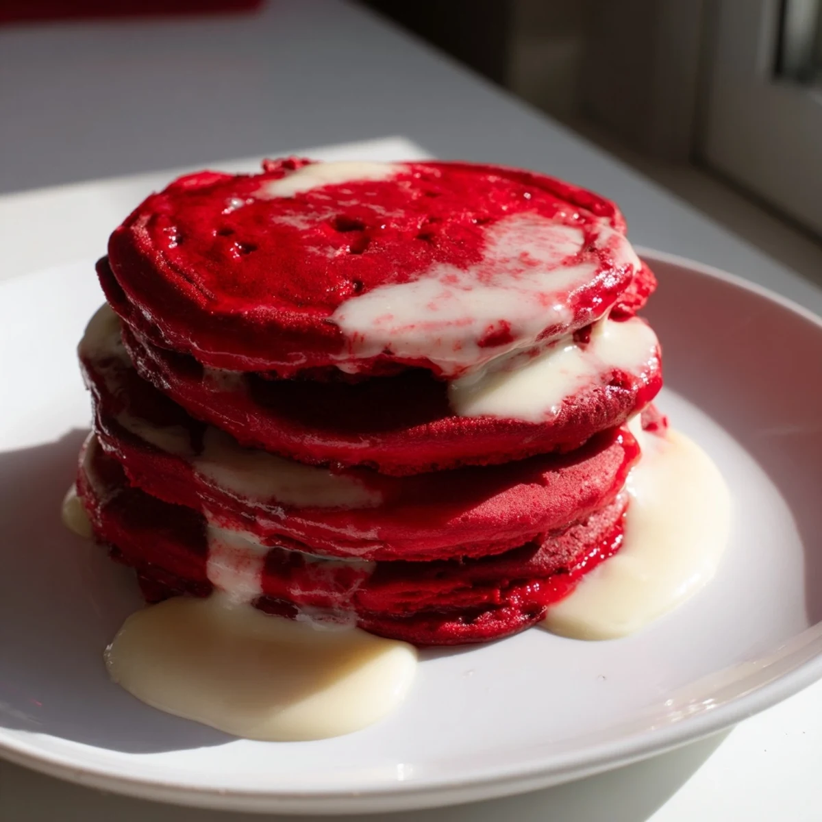 Golden Red Velvet Pancakes served warm with melting cream cheese glaze, ideal for a festive brunch spread.
