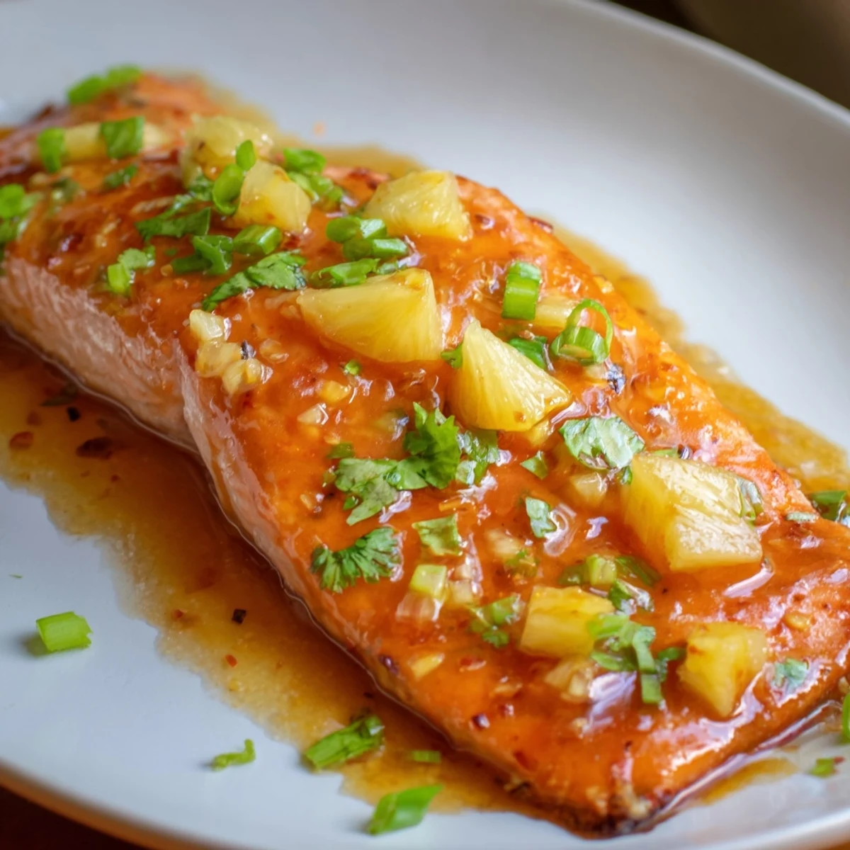 A close-up of baked Pineapple Glazed Salmon Fillets flaking easily with a fork, revealing moist pink interior.