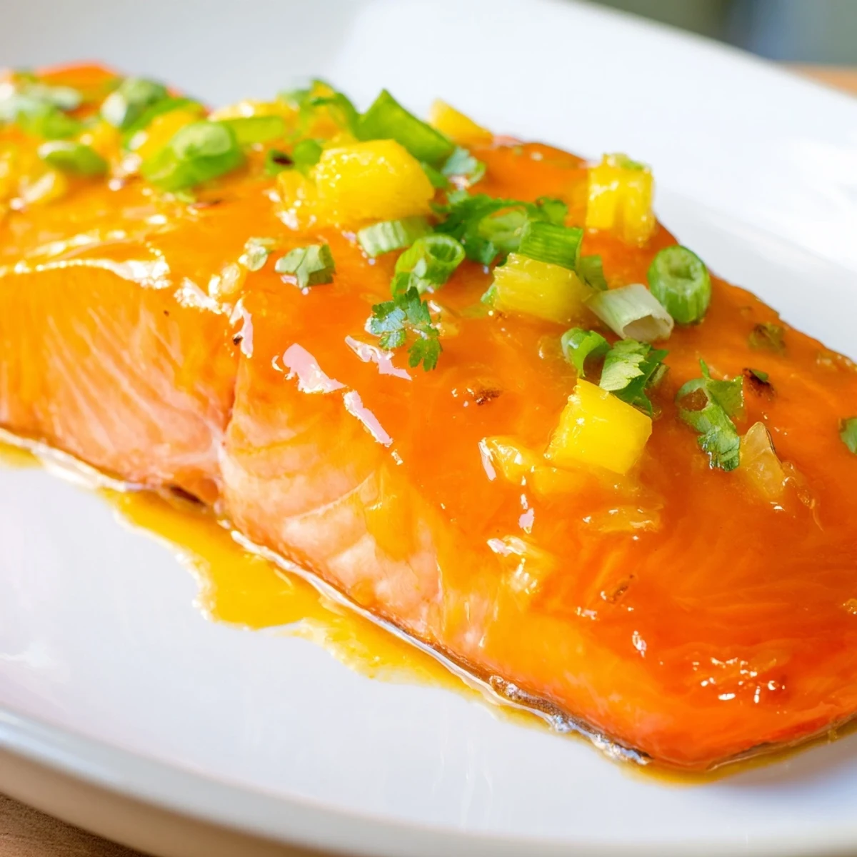 Golden-brown Pineapple Glazed Salmon Fillets glistening with sticky sweet glaze and fresh garnishes on a white plate.