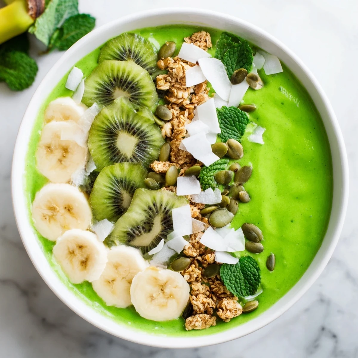 A vibrant Shamrock Green Smoothie Bowl topped with fresh kiwi slices, banana coins, and crunchy granola for a refreshing breakfast.