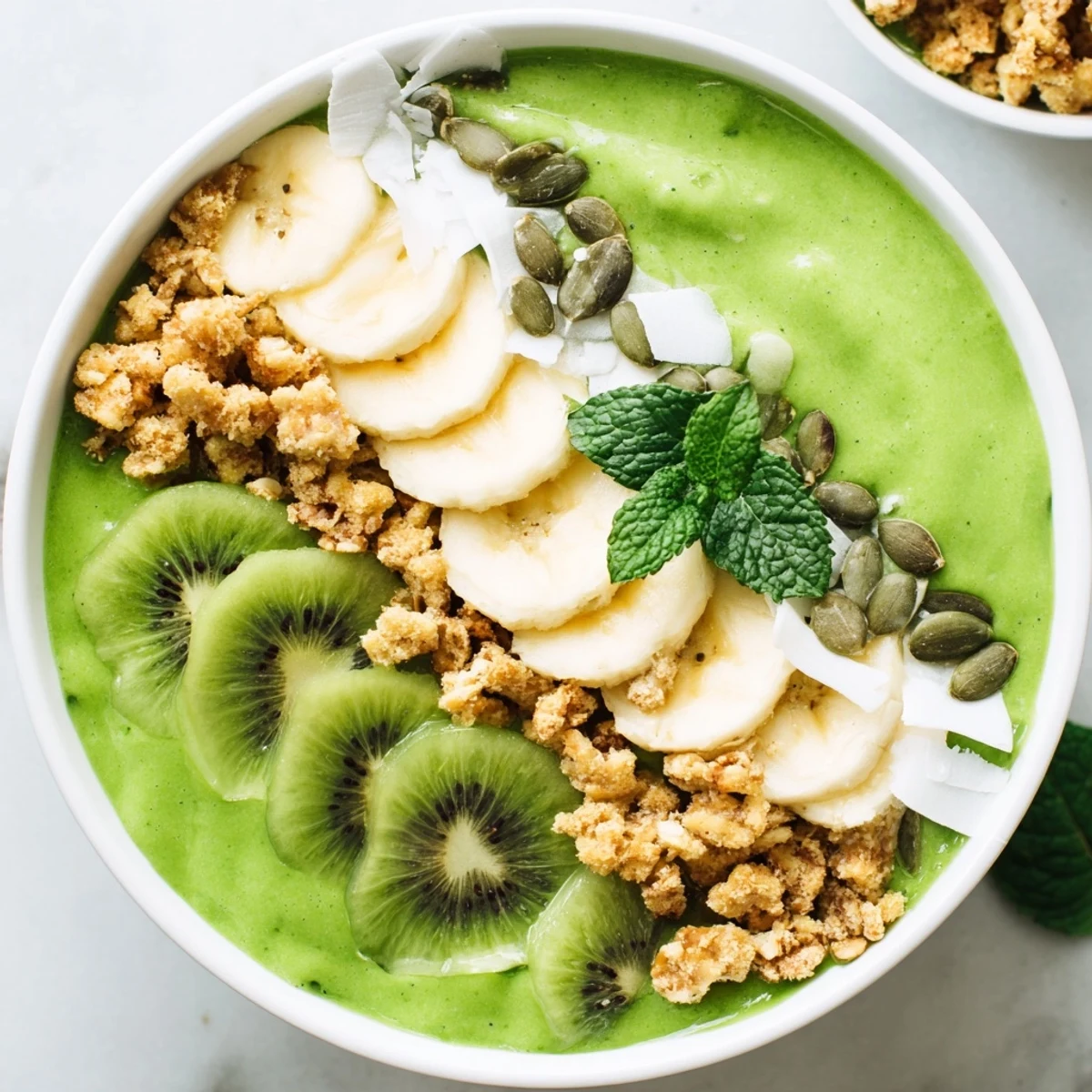 This thick and creamy Shamrock Green Smoothie Bowl features spinach, mango, and coconut flakes, served in a chilled ceramic bowl.