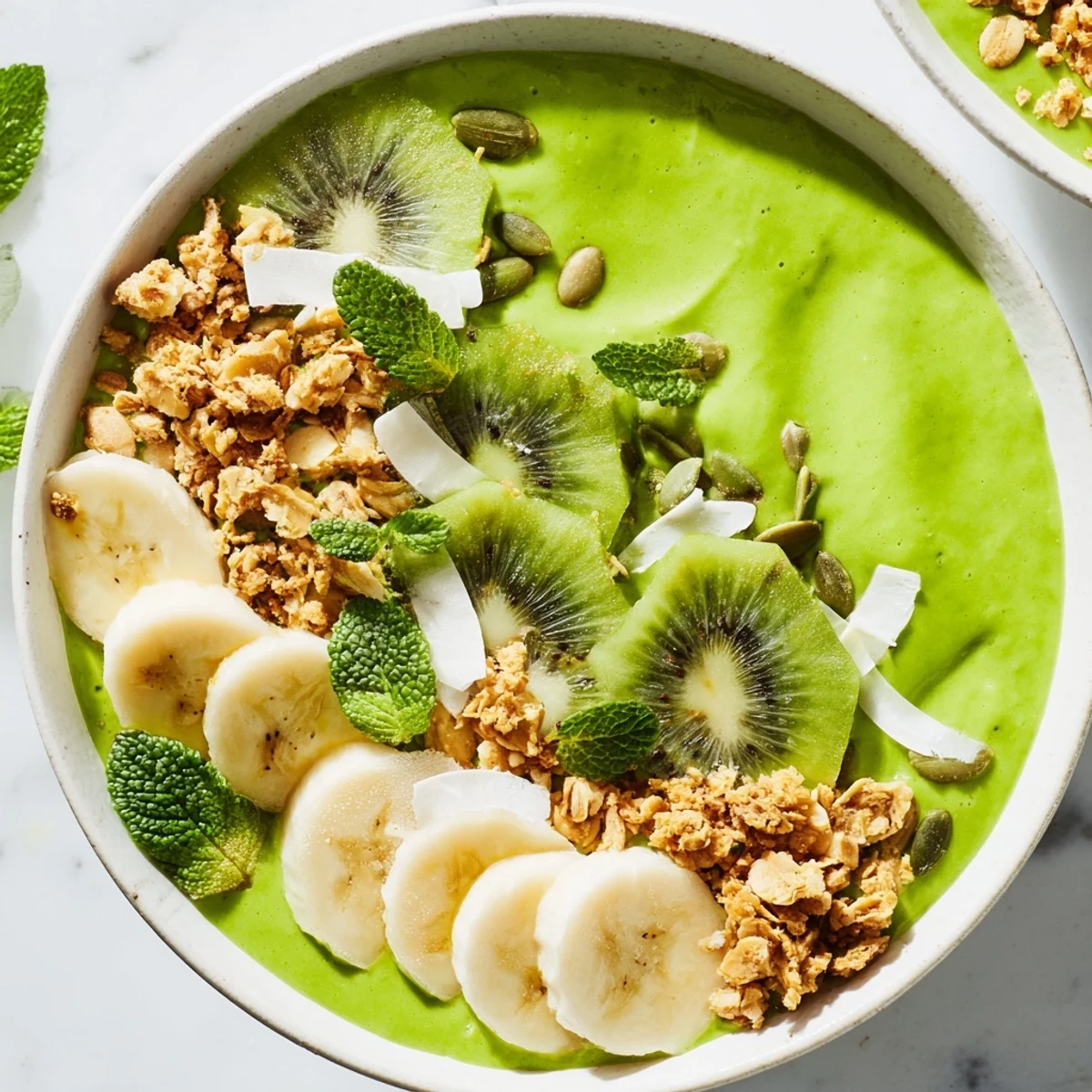A nutrient-packed Shamrock Green Smoothie Bowl with pumpkin seeds and mint garnish, ready to eat with a spoon on a sunny morning.