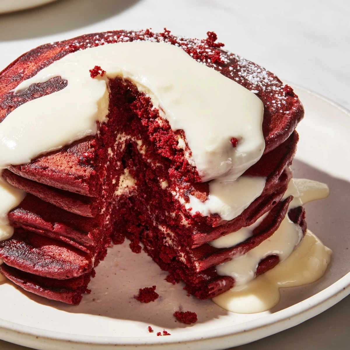 Fluffy Red Velvet Pancakes with Cream Cheese Drizzle stack high, their vibrant red hue contrasting with the white drizzle on a plate.