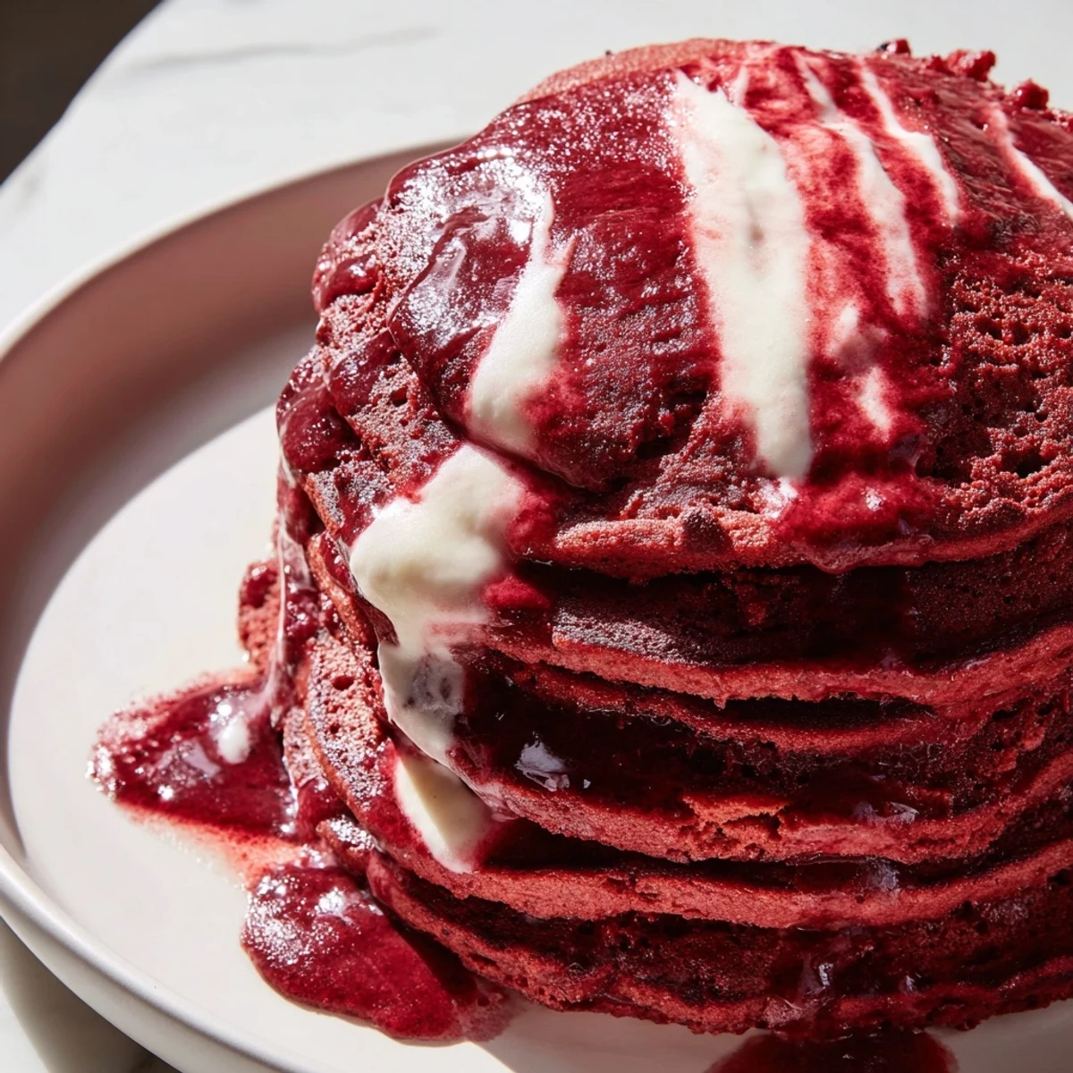 A close-up of Red Velvet Pancakes with Cream Cheese Drizzle shows the tender crumb and glossy, sweet topping on a brunch table.