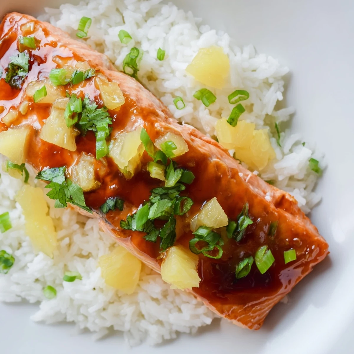Perfectly baked Pineapple Glazed Salmon Fillets with Rice glistening with tangy sauce.