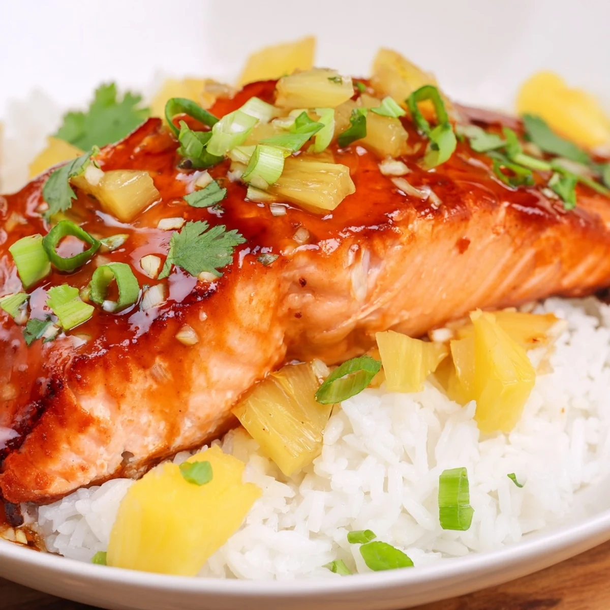 Fork-tender Pineapple Glazed Salmon Fillets with Rice served on a white plate.