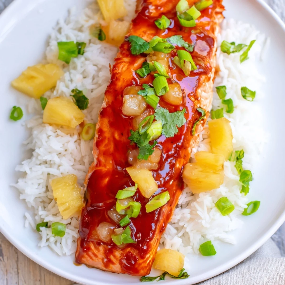 Close-up of Pineapple Glazed Salmon Fillets with Rice garnished with cilantro and lime.