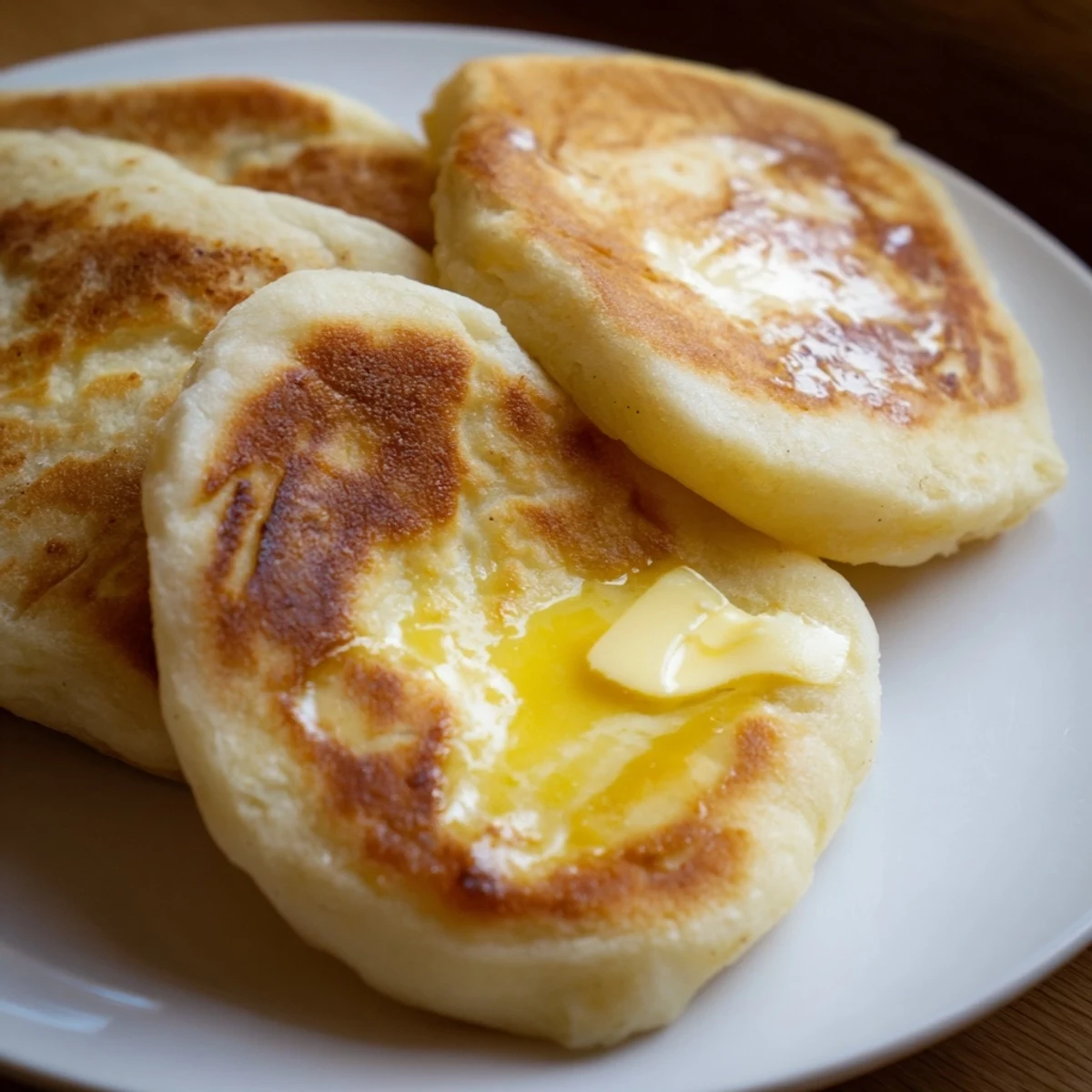 Golden-brown Irish Potato Bread Farls with Salted Butter sit on a rustic wooden board, steam rising from their crispy edges.
