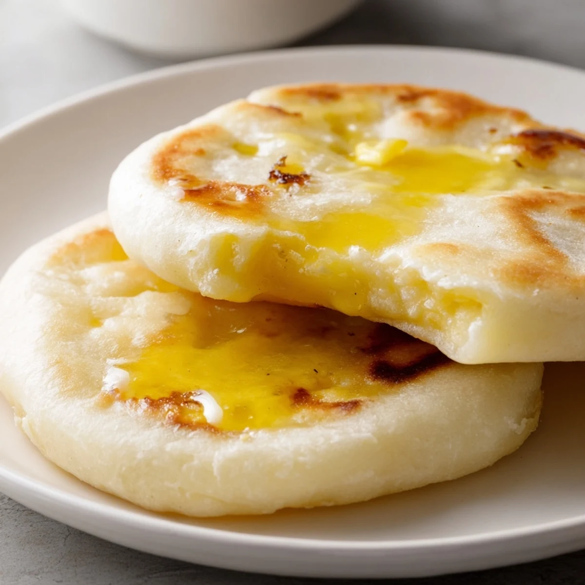 A close-up of fluffy Irish Potato Bread Farls with Salted Butter melting on top, served alongside a hearty Irish breakfast plate.
