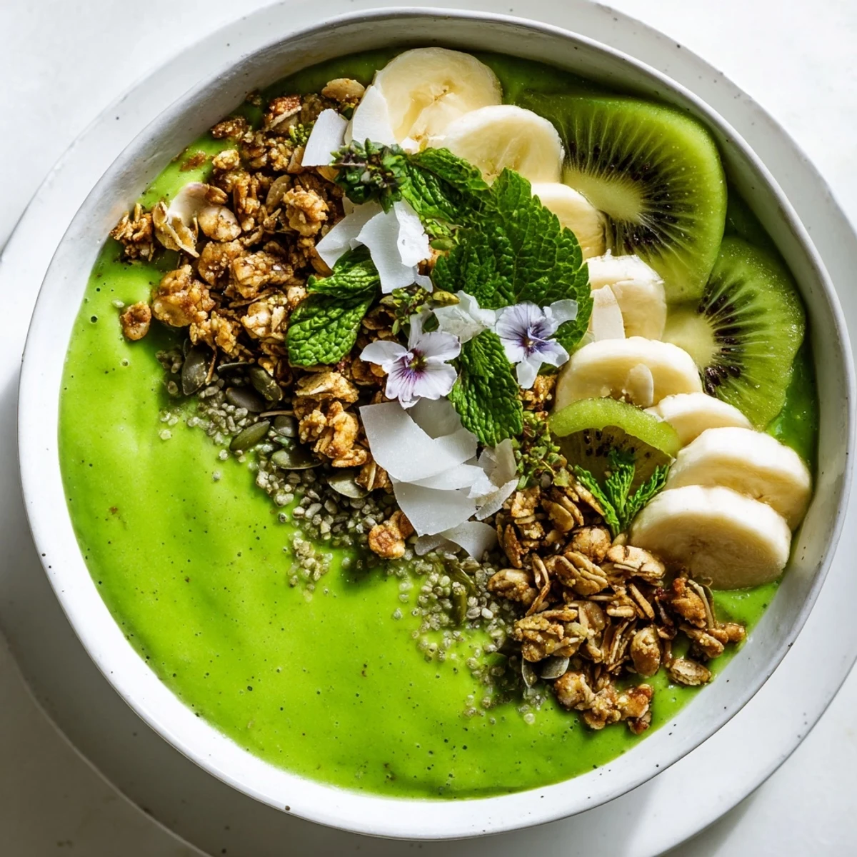 This beautiful Shamrock Green Smoothie Bowl with Toppings shows vibrant fresh mint leaves and edible flowers garnish for a healthy American breakfast.  