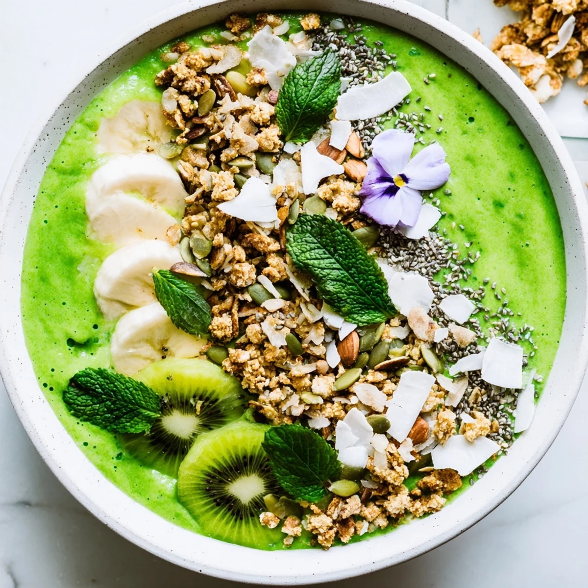 A close-up of the Shamrock Green Smoothie Bowl with Toppings, featuring creamy green base, sliced banana, kiwi, and crunchy granola on a white marble background.  