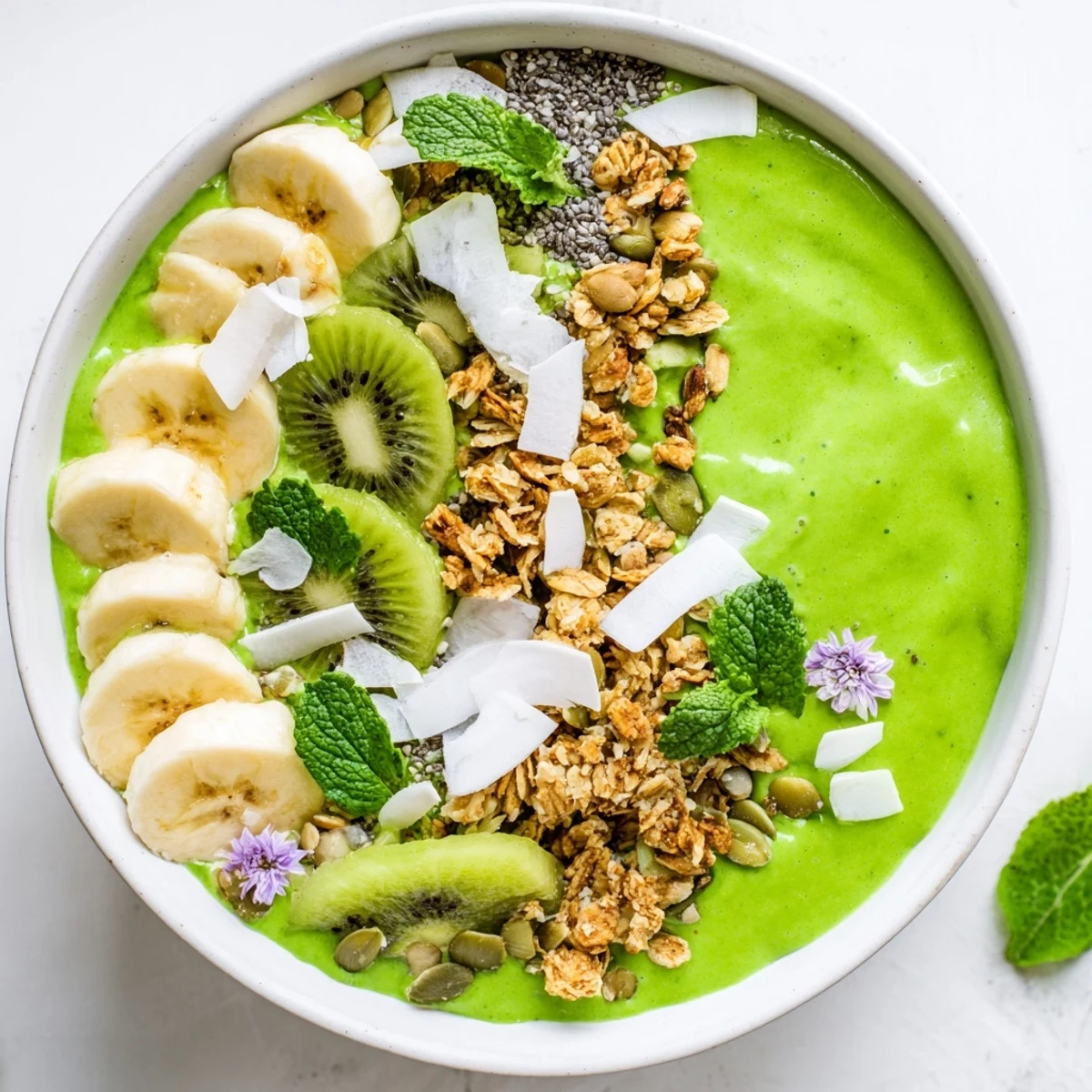 An overhead view of the Shamrock Green Smoothie Bowl with Toppings, highlighting sliced fruit, coconut flakes, and pumpkin seeds for a nutrient-packed snack.