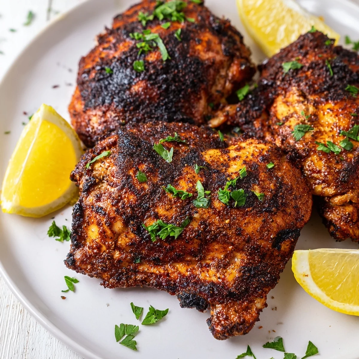 Golden-brown Cajun Spiced Grilled Chicken Thighs sizzling on the grill with visible char marks and a side of lemon wedges.