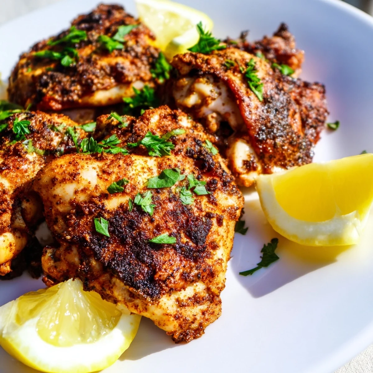 Tender Cajun Spiced Grilled Chicken Thighs served on a white plate garnished with fresh parsley and a squeeze of lemon.