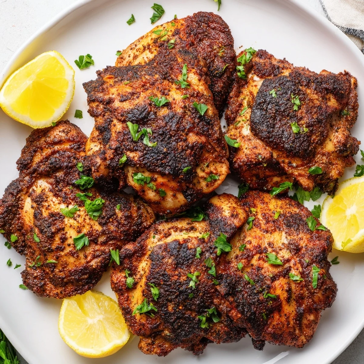 Overhead view of Cajun Spiced Grilled Chicken Thighs plated with a crisp green salad and roasted corn on the cob.