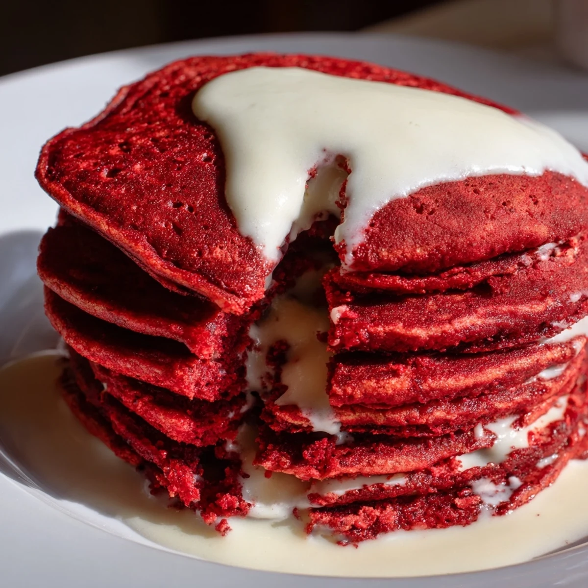 Delicious Red Velvet Pancakes with Cream Cheese Drizzle served warm with a side of fresh berries for a festive breakfast.