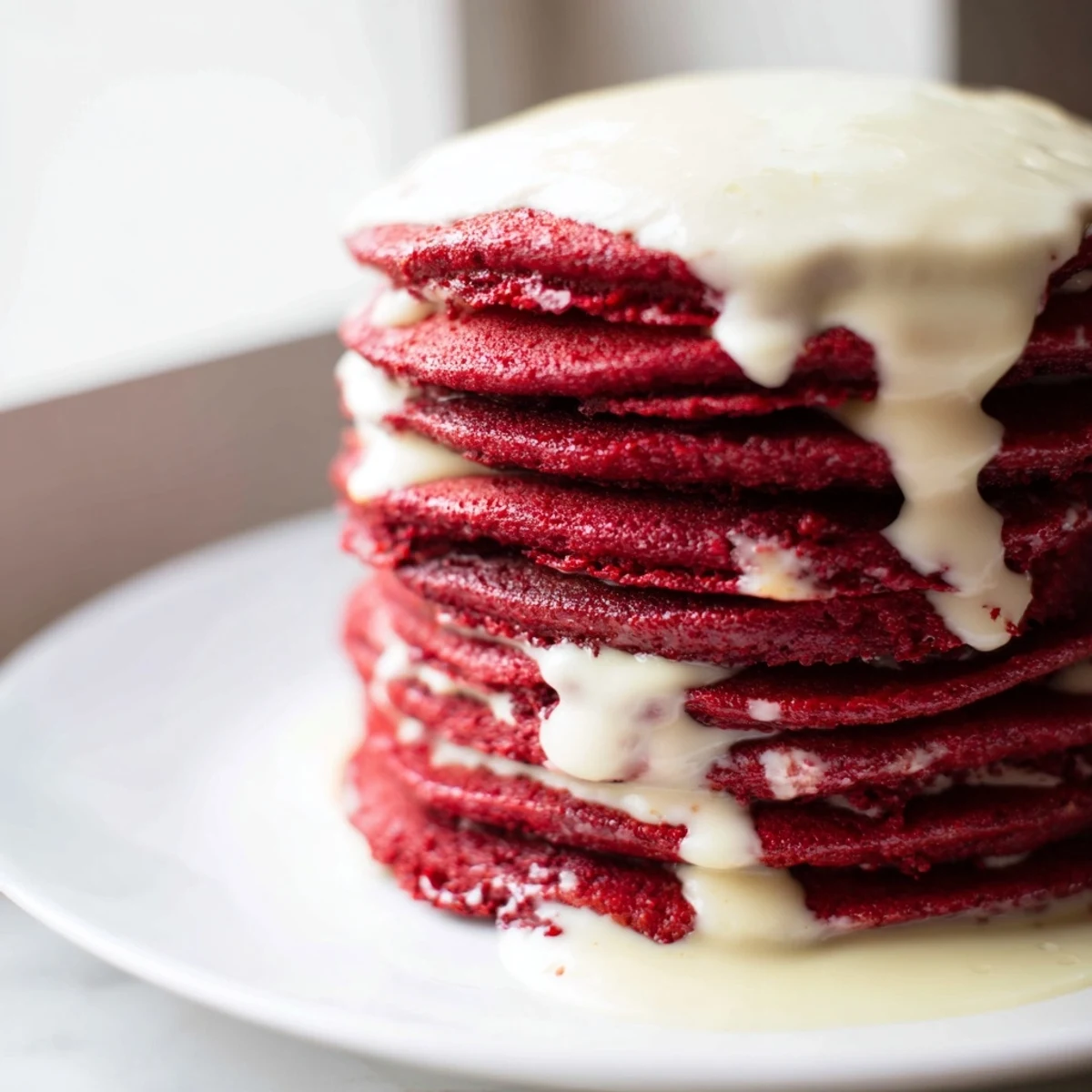 Close-up of fluffy Red Velvet Pancakes with Cream Cheese Drizzle, highlighting the glossy red batter and sweet drizzle.