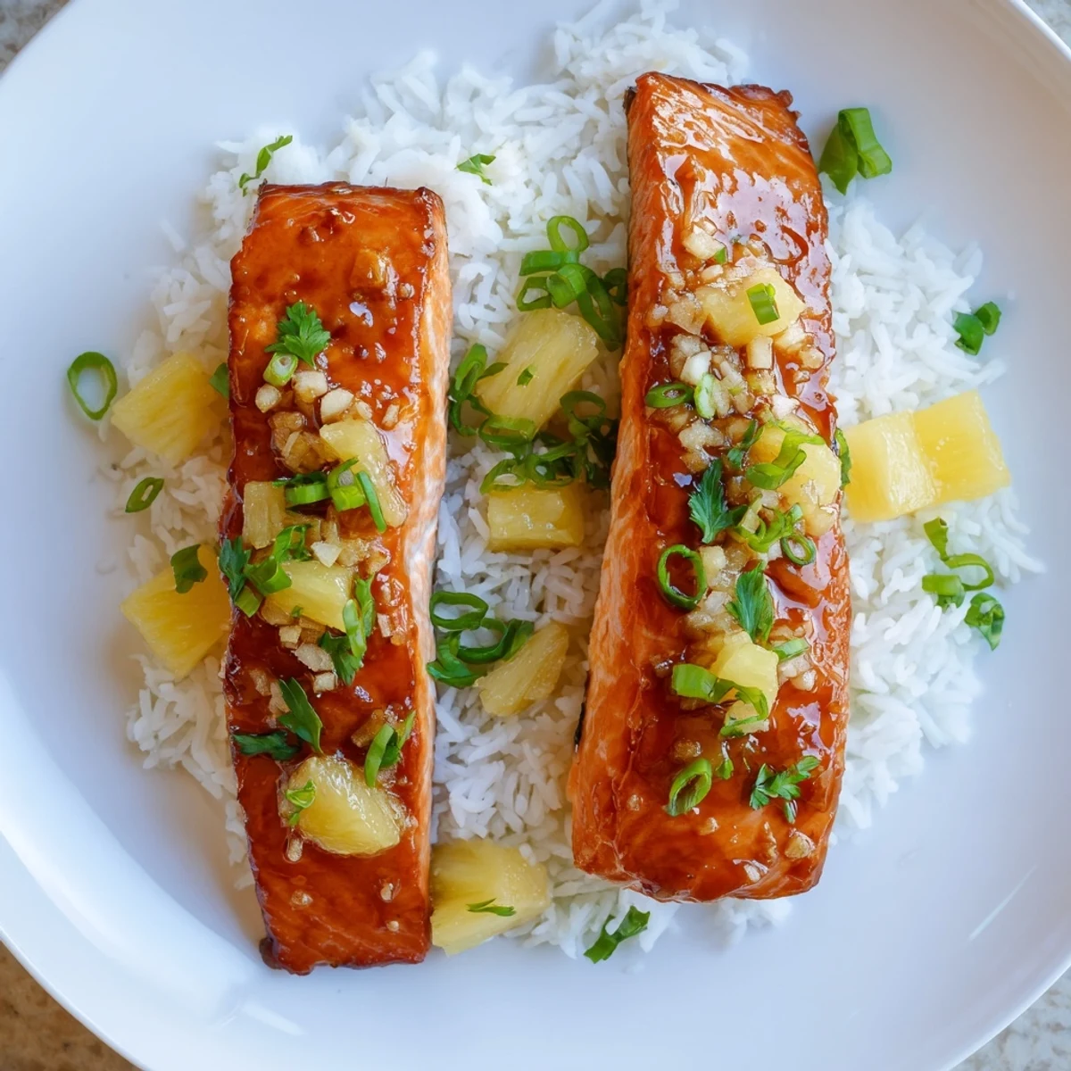 Caramelized pineapple glaze coats tender salmon beside aromatic jasmine rice.