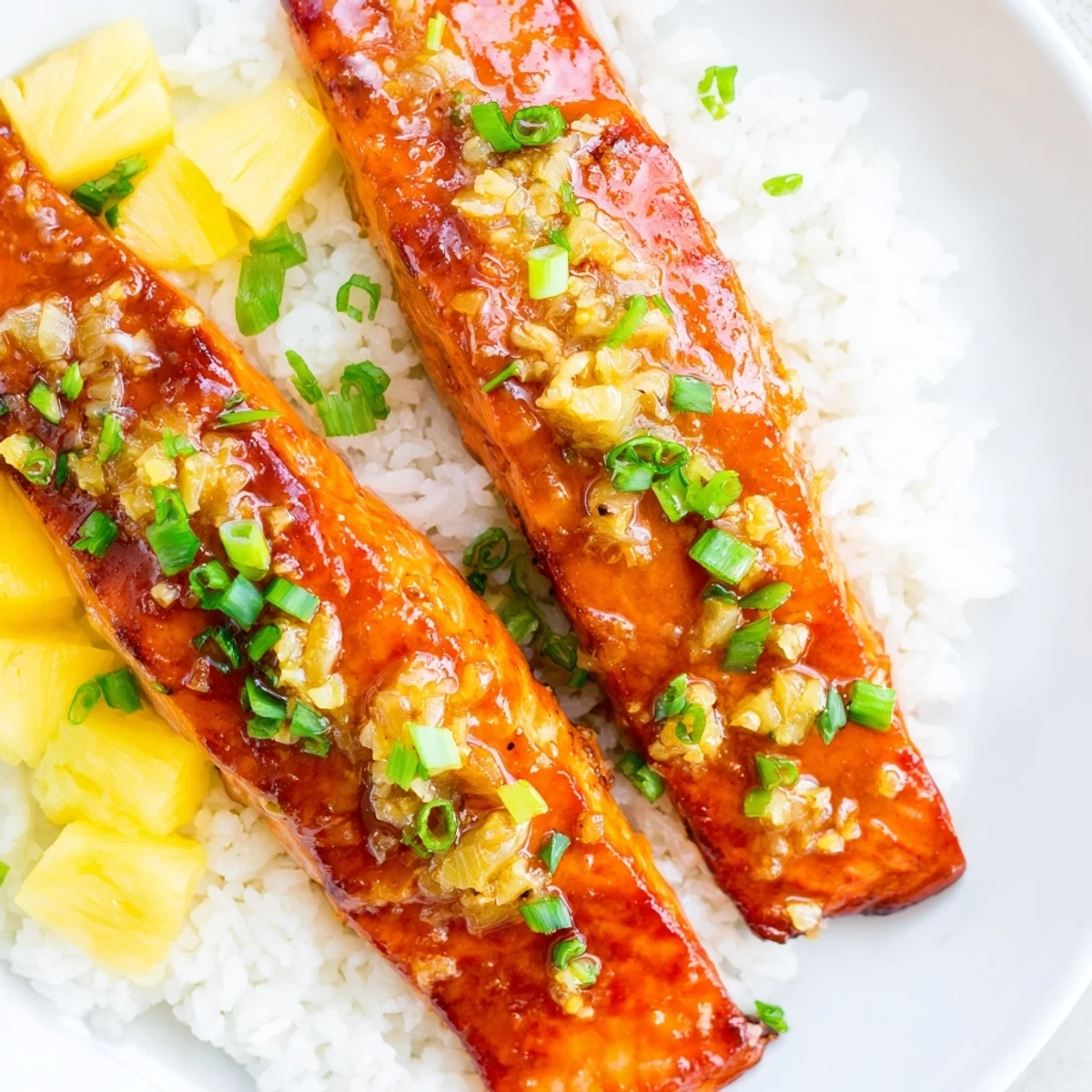 Golden salmon with vibrant pineapple glaze on a bed of rice.
