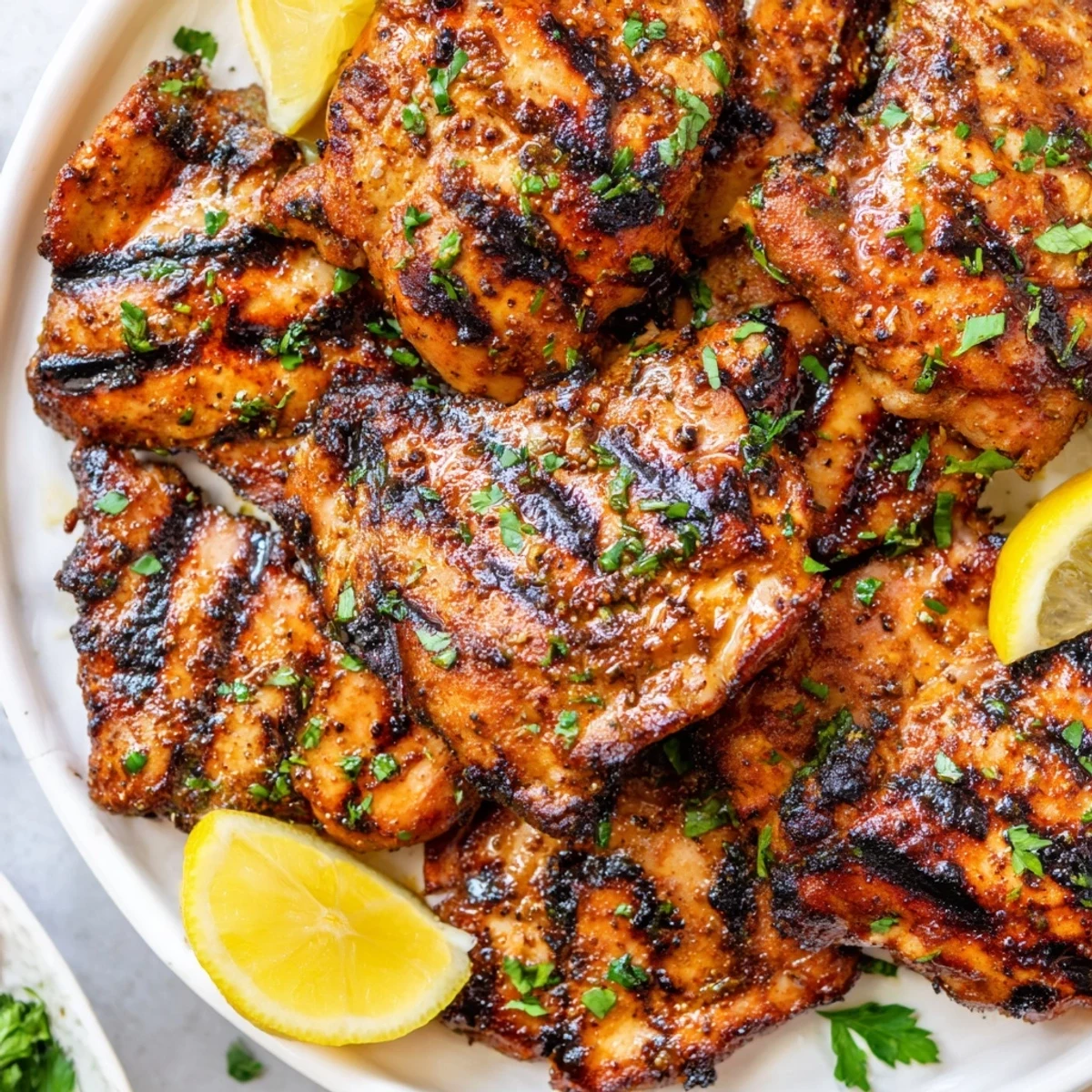 Sizzling Cajun Spiced Grilled Chicken Thighs fresh off the grill, marked with perfect char lines and garnished with parsley.
