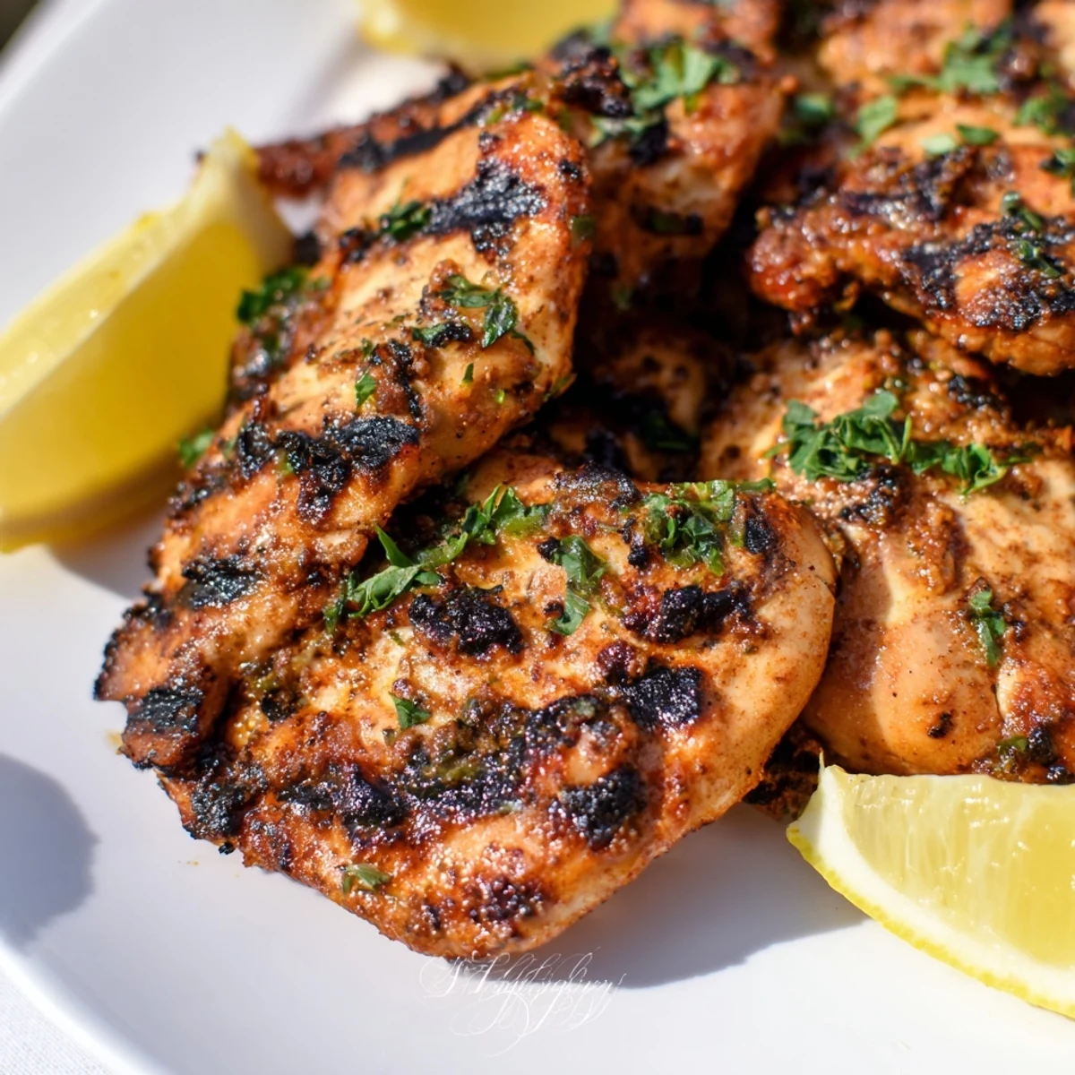Brightly lit photo of Cajun Spiced Grilled Chicken Thighs served with lemon wedges on a rustic wooden cutting board.
