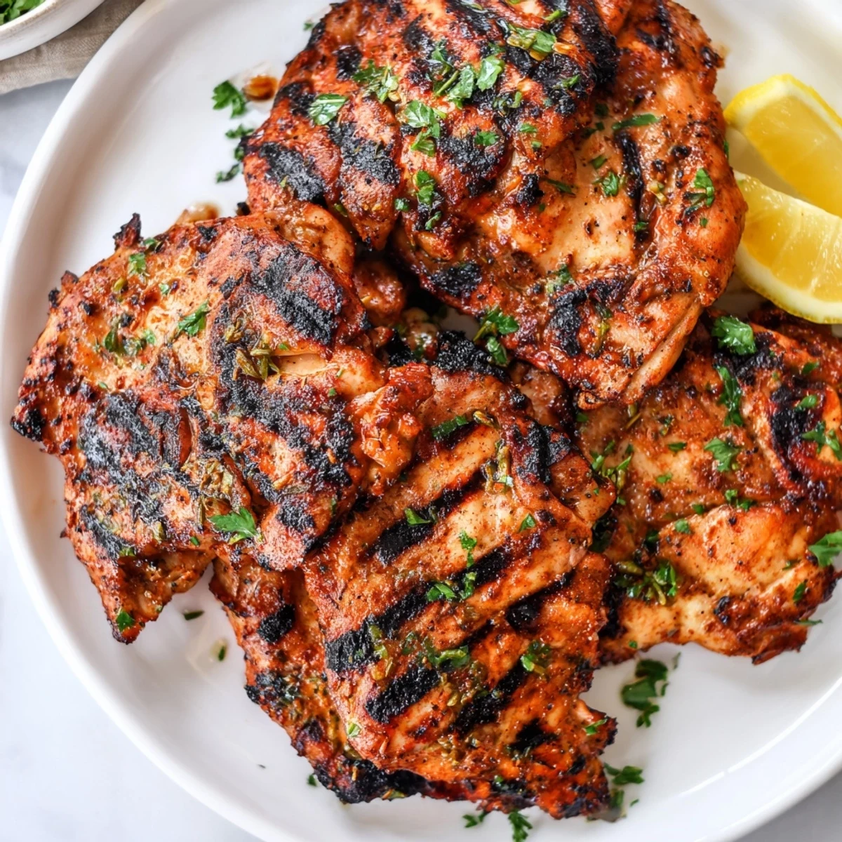 Juicy Cajun Spiced Grilled Chicken Thighs plated alongside grilled corn, perfect for a summer barbecue or weeknight dinner.