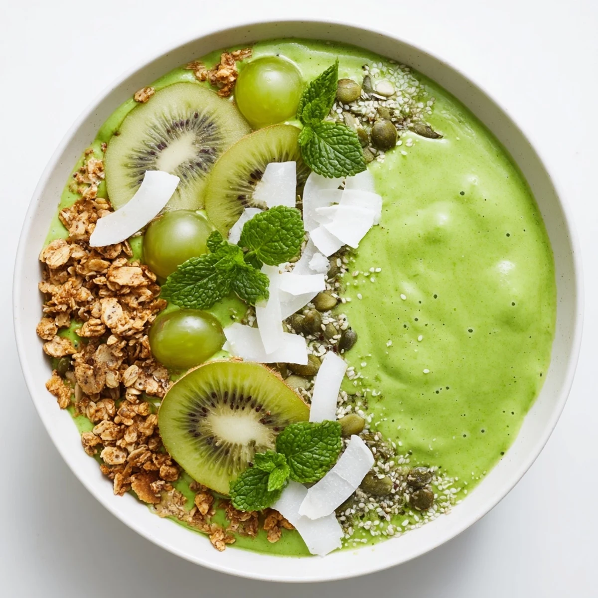 A vibrant Shamrock Green Smoothie Bowl with Toppings garnished with fresh mint and kiwi slices on a marble counter.