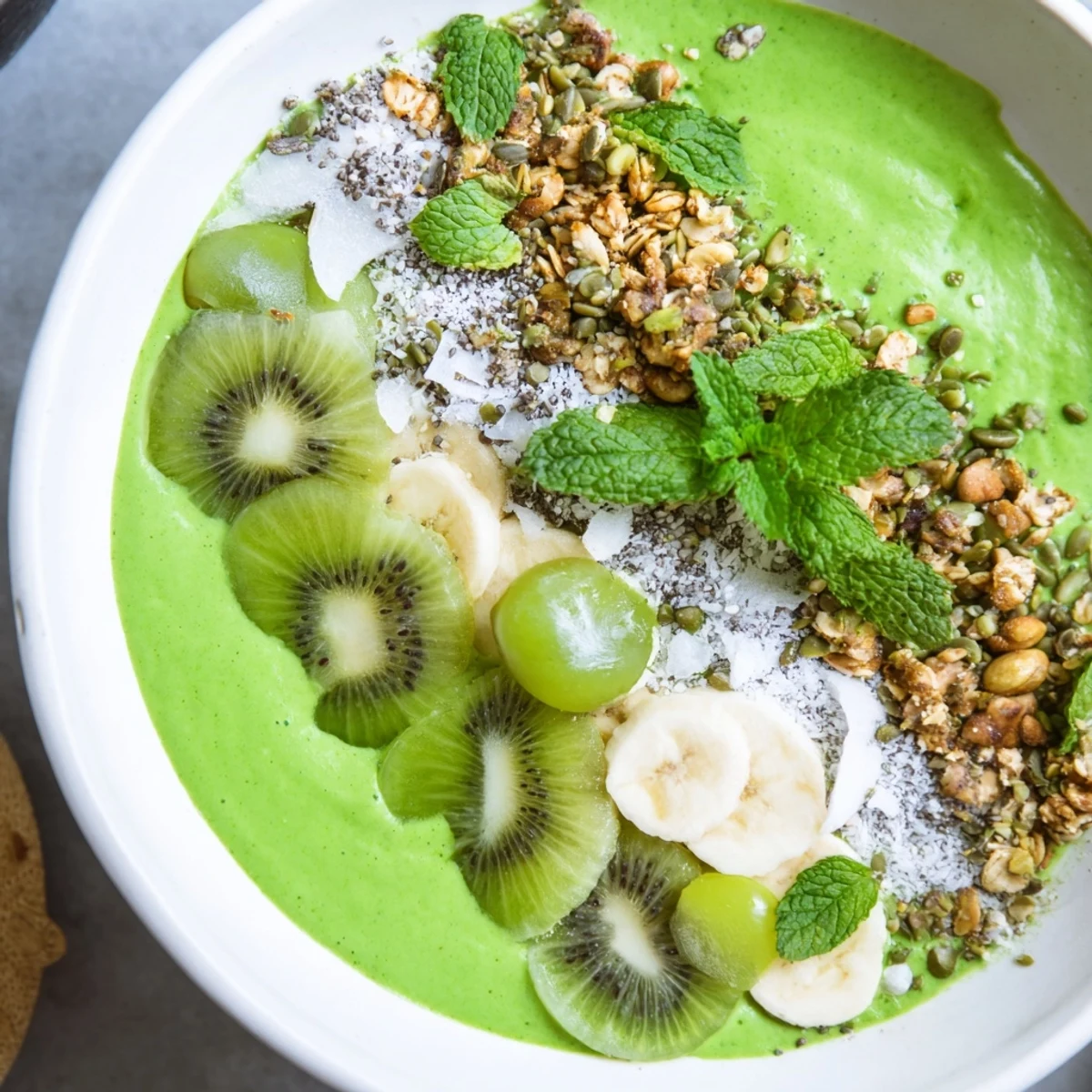 Lush Shamrock Green Smoothie Bowl with Toppings layered with banana, spinach, and avocado, scattered with granola and chia seeds.