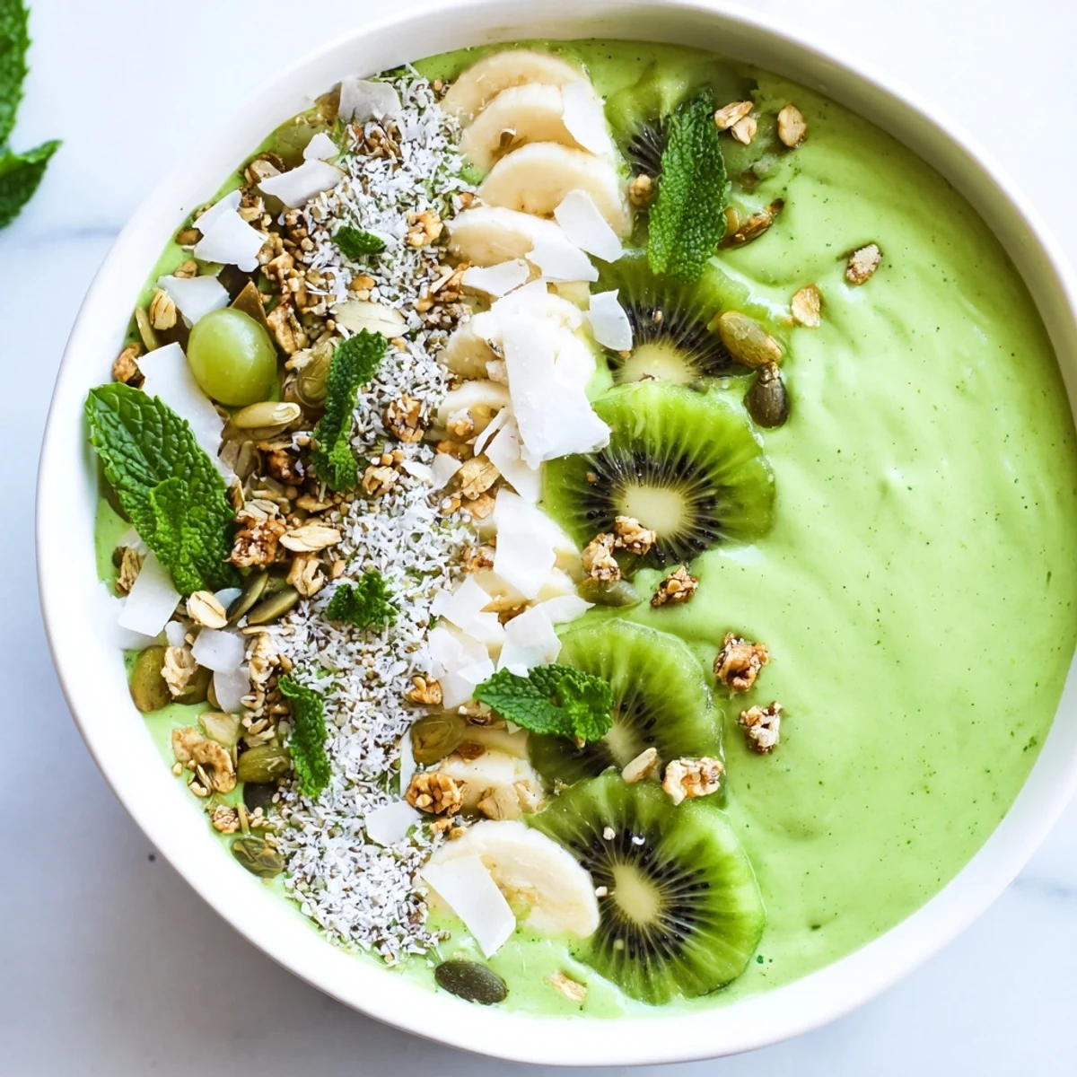 Ready-to-eat Shamrock Green Smoothie Bowl with Toppings showing sliced grapes, pumpkin seeds, and coconut flakes in a rustic bowl.