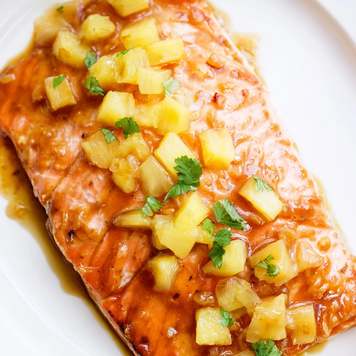 Golden-brown Pineapple Glazed Salmon Fillets resting on a white plate, brushed with sticky tropical sauce and topped with fresh cilantro.