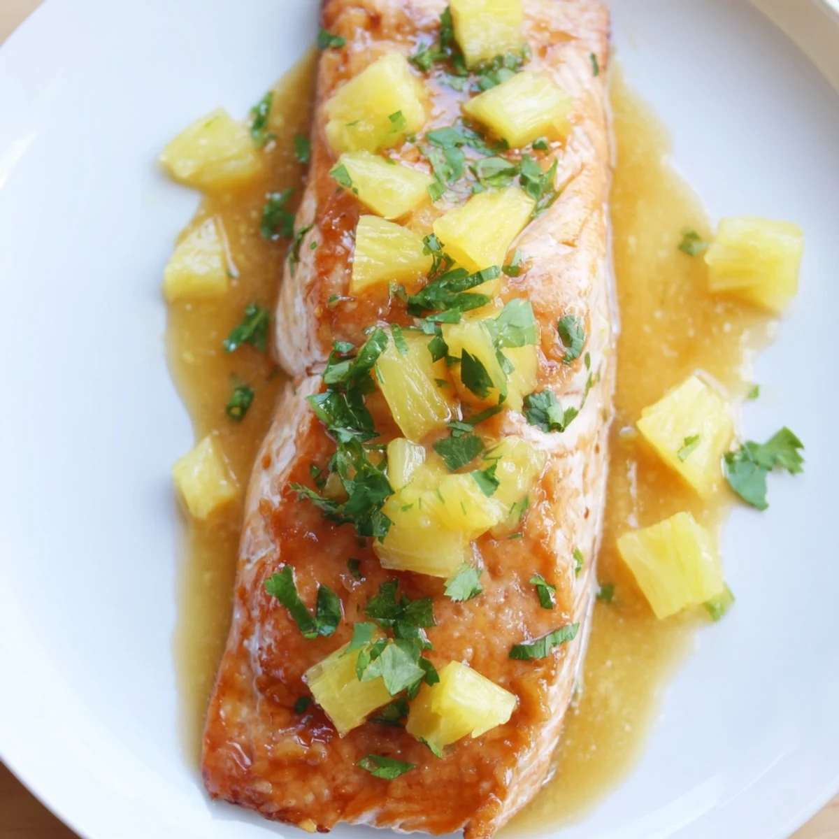 Roasted Pineapple Glazed Salmon Fillets flake easily with a fork, served alongside fluffy white rice and steamed green beans.