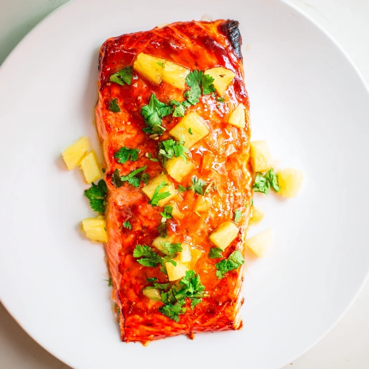 Close-up of succulent Pineapple Glazed Salmon Fillets showcasing caramelized edges, diced pineapple garnish, and a vibrant dinner plate setting.