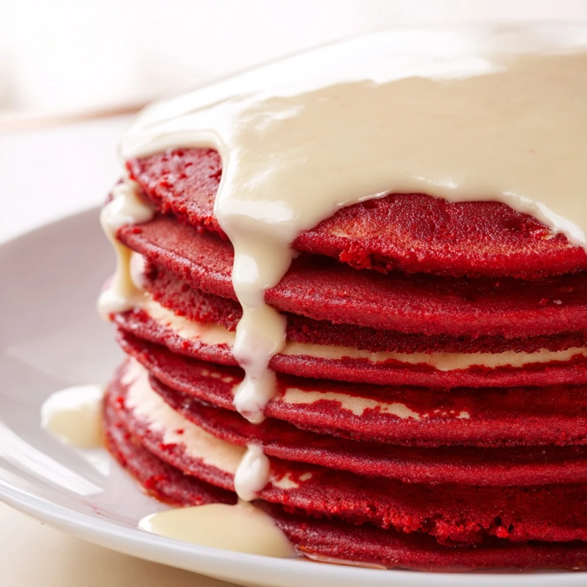 Vibrant Red Velvet Pancakes with Cream Cheese Glaze sit beside fresh berries on a rustic table, perfect for brunch.