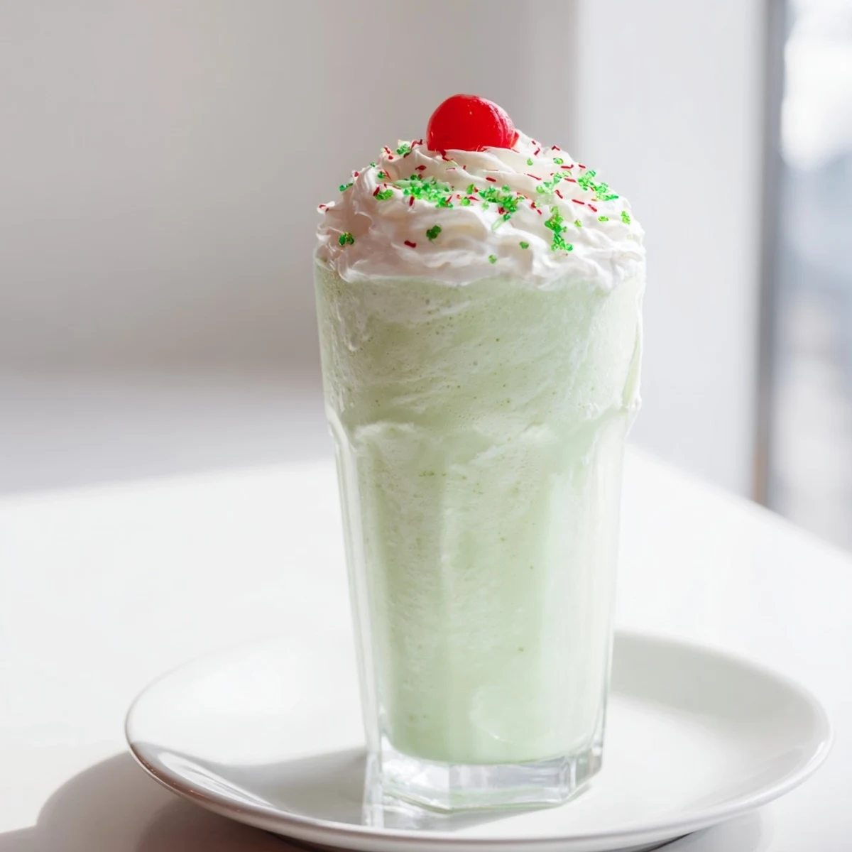 A vibrant green Homemade Copycat Shamrock Shake topped with whipped cream and a cherry, served in a frosted glass on a marble counter.