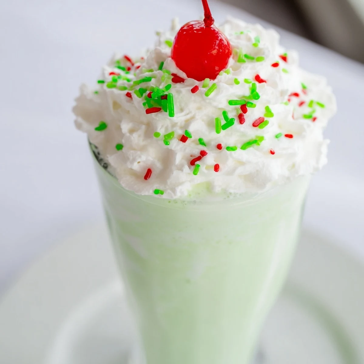 A tall glass of Homemade Copycat Shamrock Shake with swirls of whipped cream, evoking a cool, minty dessert perfect for St. Patrick's Day.